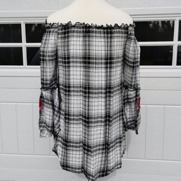 Design Lab by Lord & Taylor Plaid Off the Shoulder Blouse - Sz S - Picture 6 of 8